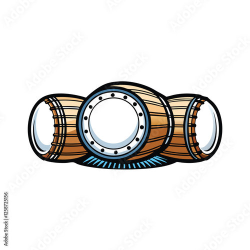 Create a vibrant vector illustration of a Samulnori drum set, showcasing the four main drums kkwaenggwari, janggu, buk, and ching.  Include detailed textures and accurate proportions.