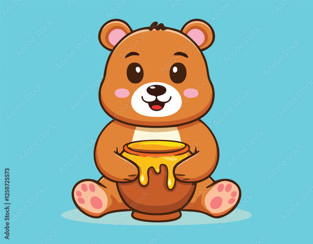 Obraz premium Cute Teddy Bear Eating Honey, or Bear Mascot Cartoon Character Animal, and Cute Bear Eating Honey Cartoon Vector.