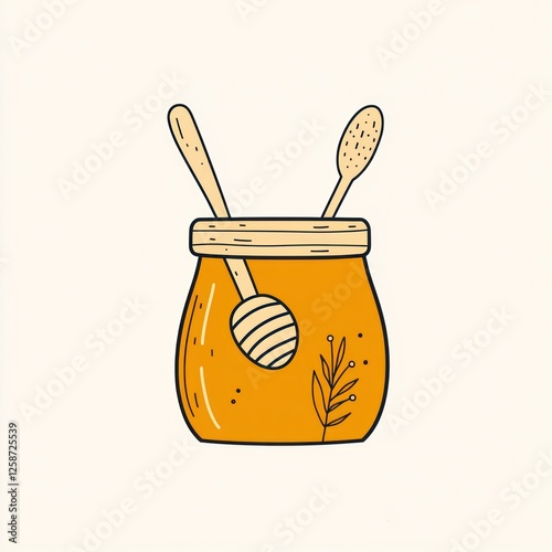 Honey Jar with Wooden Spoons, Simple Illustration photo