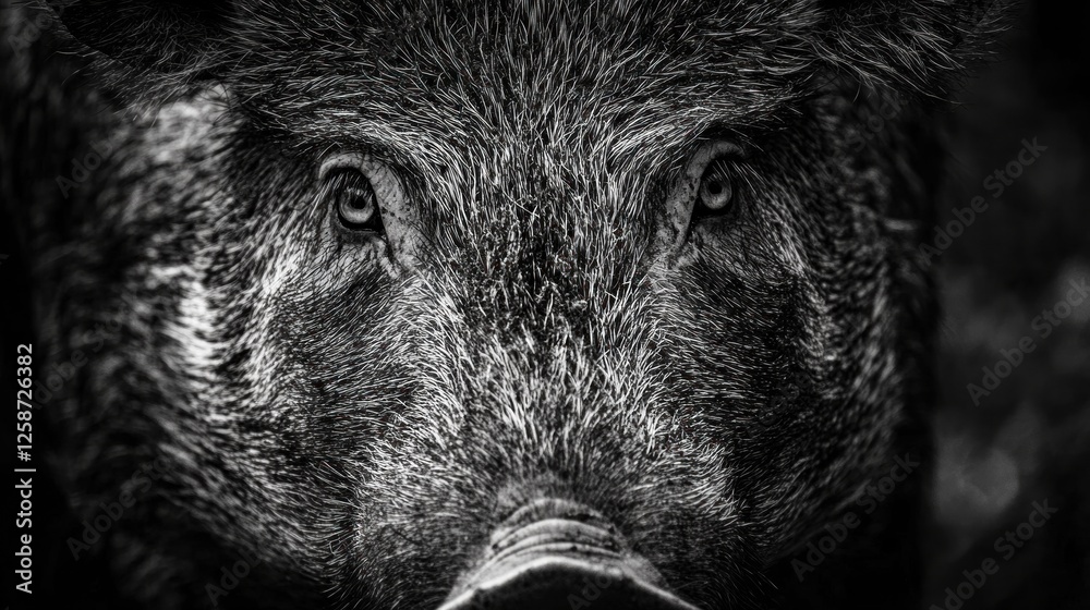 Intense Gaze: A Black and White Portrait of a Wild Boar Intense Gaze: A Black and White Portrait of a Wild Boar