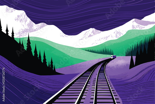 Create a vibrant vector illustration of a scenic train journey through a picturesque landscape, emphasizing the railway track and surrounding nature.