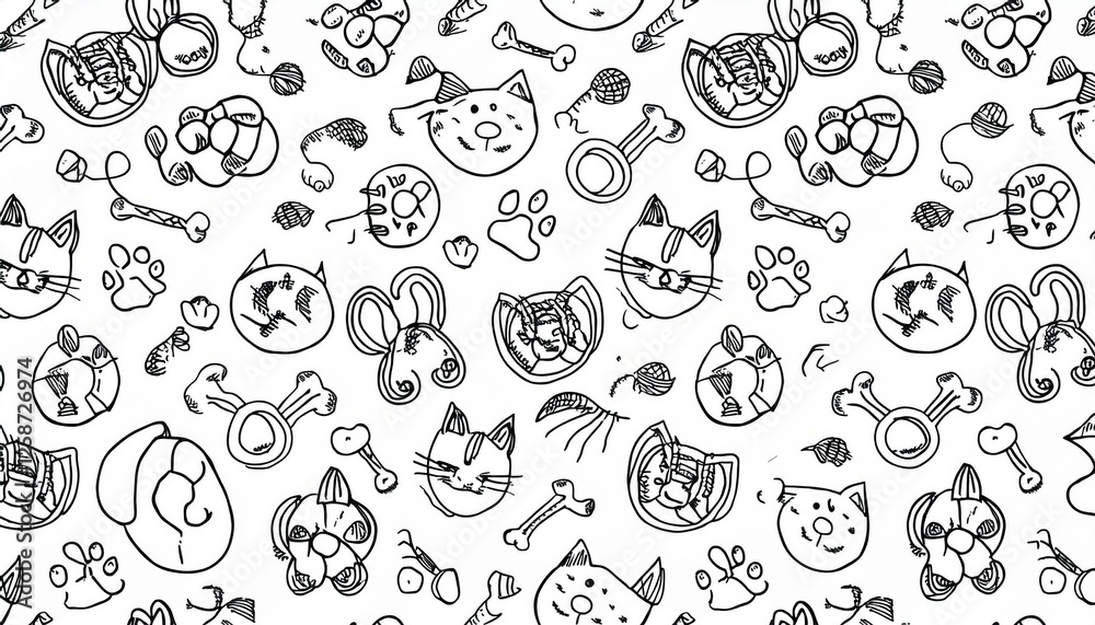 Cat toy, fooprint pattern seamless. Hand drawn sketch doodle kitty cute element on white background. Fish bone, footprint, cat toy element. Pet veterinary pattern. perfect any project. Cat toy, fooprint pattern seamless. Hand drawn sketch doodle kitty cute element on white background. Fish bone, footprint, cat toy element. Pet veterinary pattern. perfect any project.