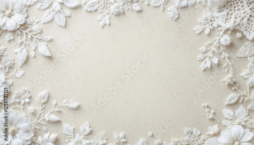 Un fondo texturizado que presenta intrincados motivos florales de encaje blanco sobre una superficie beige suave. El encaje tiene un diseño delicado