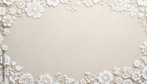 Un fondo texturizado que presenta intrincados motivos florales de encaje blanco sobre una superficie beige suave. El encaje tiene un diseño delicado