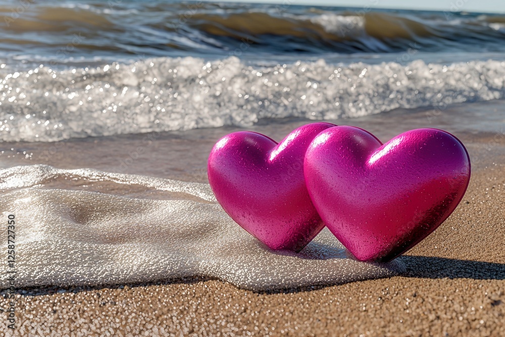 Fototapeta premium Two pink hearts on the beach symbolizing love, Valentine's Day concept. Generative Ai
