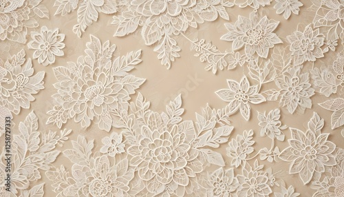 Un fondo texturizado que presenta intrincados motivos florales de encaje blanco sobre una superficie beige suave. El encaje tiene un diseño delicado
