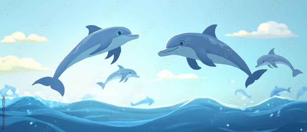 Playful Dolphins Jumping Over Calm Ocean Waves in a Sunny Sky Playful Dolphins Jumping Over Calm Ocean Waves in a Sunny Sky