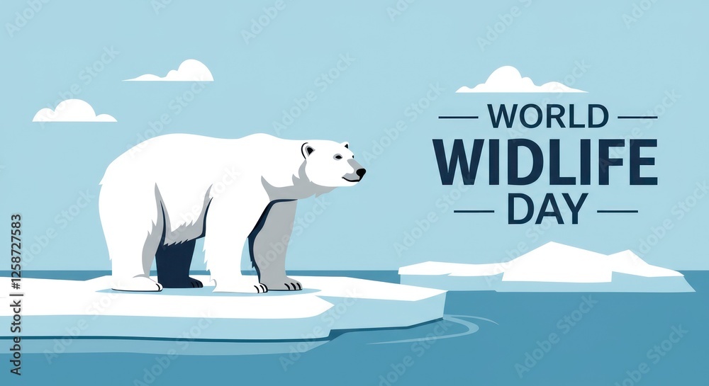 Fototapeta premium Polar bear standing on an ice floe for World Wildlife Day with a bright background and copy space
