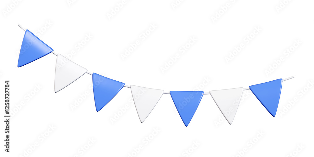Fototapeta Party bunting 3d render with alternating flags - triangular pennants in blue white sequence, arranged on curved string. Decorative garland shows realistic material shading for celebration designs.