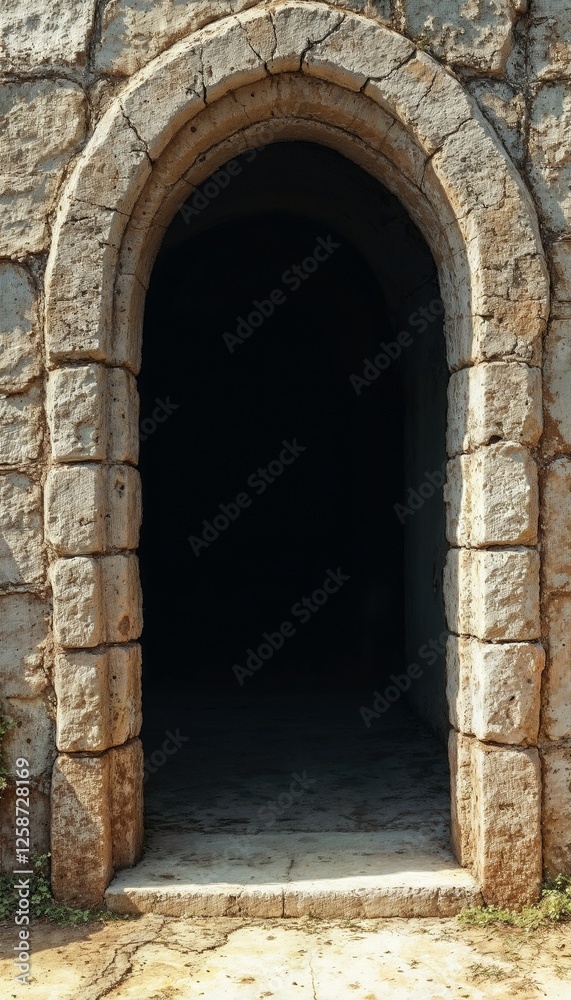 Fototapeta premium Entrance to stone tomb with historical significance and dark ambiance, biblical story concept
