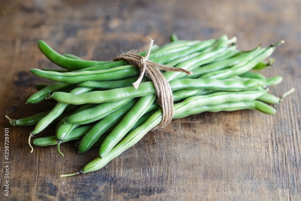 A bundle of fresh green beans is tied with rustic twine, resting on a weathered wooden surface. The macro details highlight their vibrant color and smooth texture, ideal for cooking A bundle of fresh green beans is tied with rustic twine, resting on a weathered wooden surface. The macro details highlight their vibrant color and smooth texture, ideal for cooking
