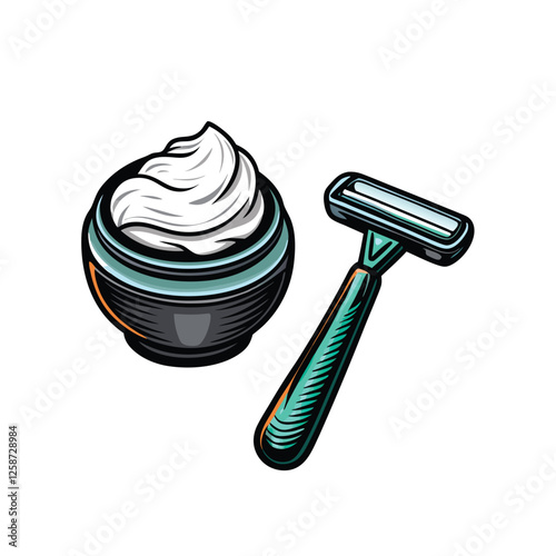 Vector illustration of shaving cream and a razor on a bathroom sink, clean minimalist style.