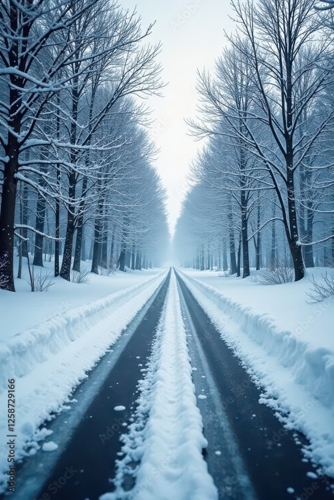 Icy road disappearing into heavy snowfall, bare trees , quiet, weather Icy road disappearing into heavy snowfall, bare trees , quiet, weather