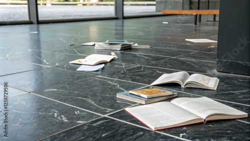 Dark grey marble floor with scattered books and papers, abstract background, academic setting, intellectual pursuits
