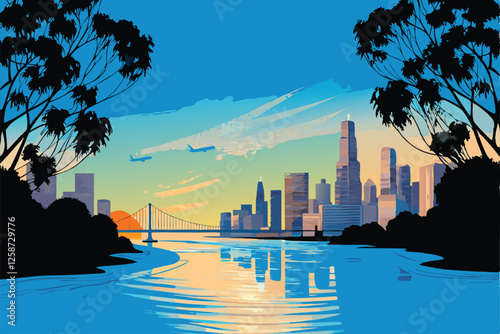 Create a detailed silhouette vector graphic of a city skyline at sunset, showcasing multiple buildings with varying heights and architectural styles.  Include subtle sunset color gradients.
