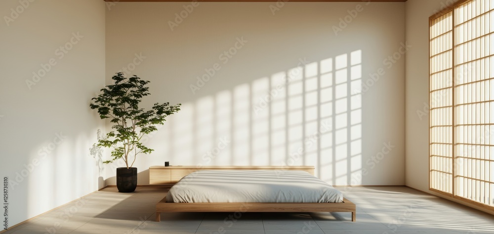 Fototapeta premium Bright spacious room with plain white walls, large grid window allowing natural light, soft shadow patterns on the floor, serene and modern aesthetic