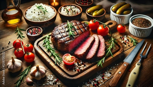 Juicy Grilled Steak with Rosemary and Side Dishes on a Rustic Wooden Table for a Gourmet Dining Experience