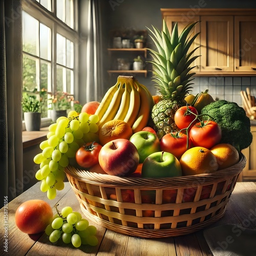 Abundant Basket of Fresh Fruits and Vegetables in a Rustic Kitchen with Natural Light and Cozy Atmosphere