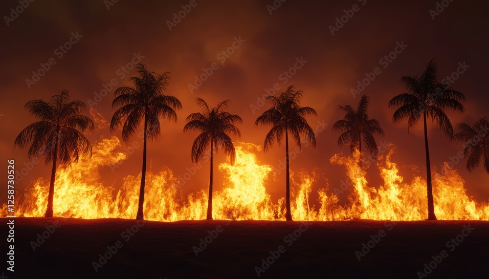 Obraz premium California wildfire at sunset, glowing smoke and flames behind tropical palm trees, eerie atmospheric haze, high-definition photorealism
