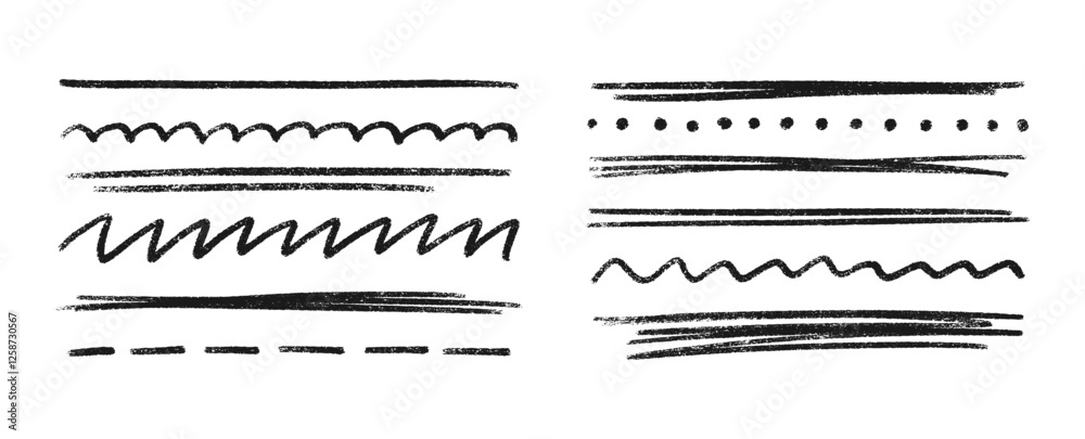 Black crayon underline divider collection - straight lines, dashed marks, wavy borders, dotted rows, zigzag patterns with chalk texture. Hand drawn separator elements for design or text decoration.