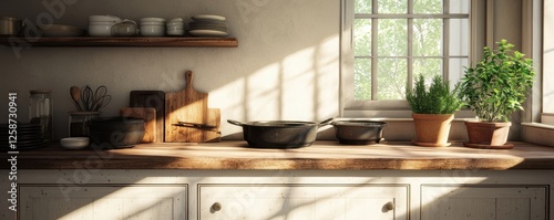 Wallpaper Mural Classic old-world kitchen with beautifully aged cookware, cast iron skillets, and a cozy wooden countertop bathed in soft morning light Torontodigital.ca