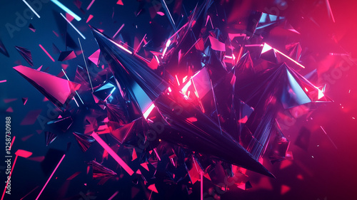 A striking digital abstract wallpaper with fragmented geometric shapes and explosive neon highlights, captured in vivid high-definition clarity.