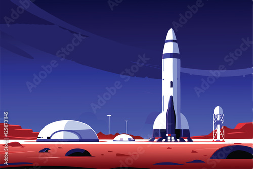 A futuristic Martian spaceport bustling with activity, showcasing advanced spacecraft poised for launch against a red, dusty landscape.  Detailed depiction required.