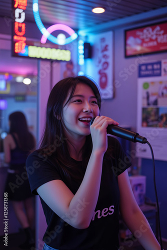 Young Asian woman smiling while holding a microphone. The background features colorful neon lights and posters photo