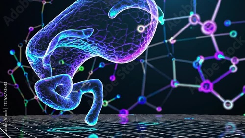 3D-rendered human peritoneum floating in a dark, futuristic space, illuminated by intricate glowing protective and vascular pathways in shades of neon blue, electric purple, and pulsating cyan. 