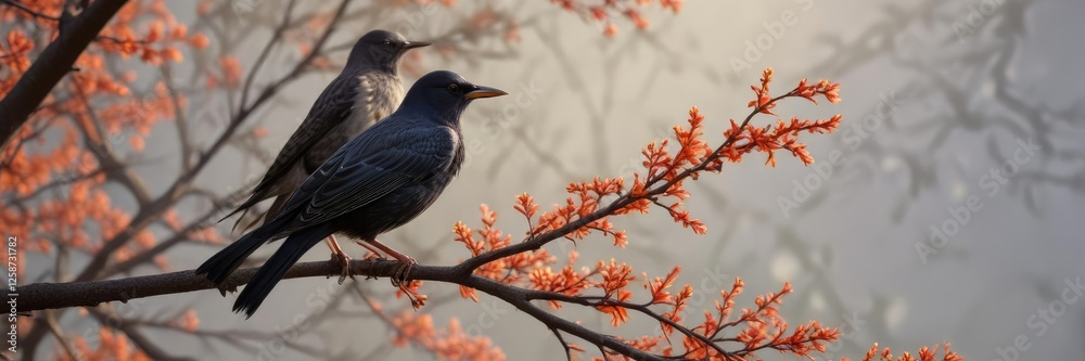 Delicate branch sways in gentle breeze holding a starling, tree branch movement, avian behavior Delicate branch sways in gentle breeze holding a starling, tree branch movement, avian behavior