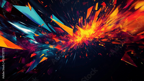 A striking digital abstract wallpaper with bold angular patterns and a vibrant burst of colors on a dark backdrop, rendered in HD.