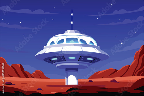 A futuristic Mars space station seamlessly integrates sleek, otherworldly alien technology, showcasing advanced architecture and resource utilization.
