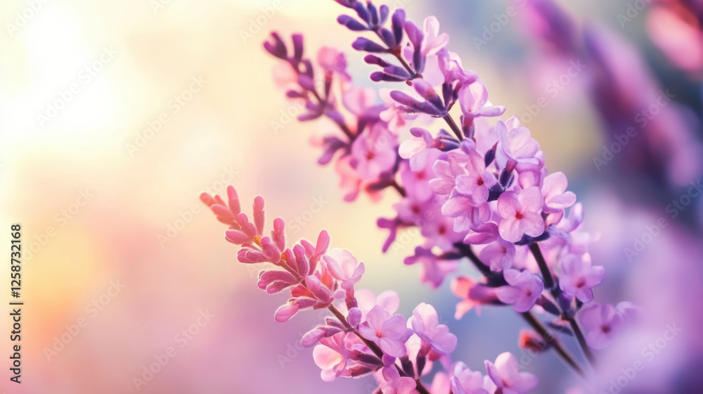 Fototapeta premium Soft lavender flowers bathed in warm golden sunlight create dreamy and calming atmosphere. delicate petals fade into pastel pink hues, evoking sense of serenity and natural beauty