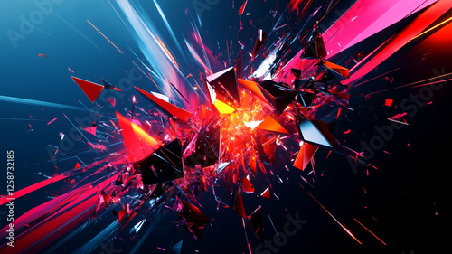 A striking digital abstract wallpaper with fragmented geometric shapes and explosive neon highlights, captured in vivid high-definition clarity.