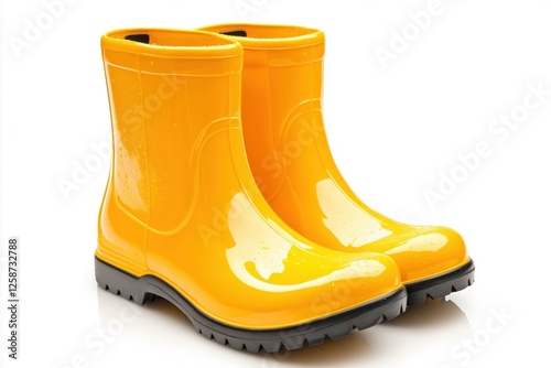 A pair of glossy yellow rubber boots displayed against a white background.