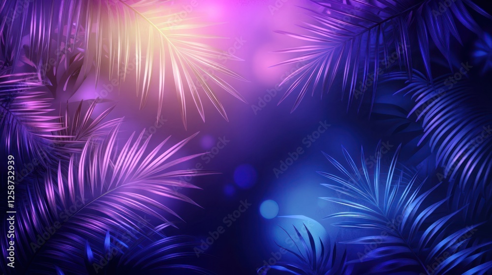 Neon Illuminated Tropical Palm Leaves Background Neon Illuminated Tropical Palm Leaves Background
