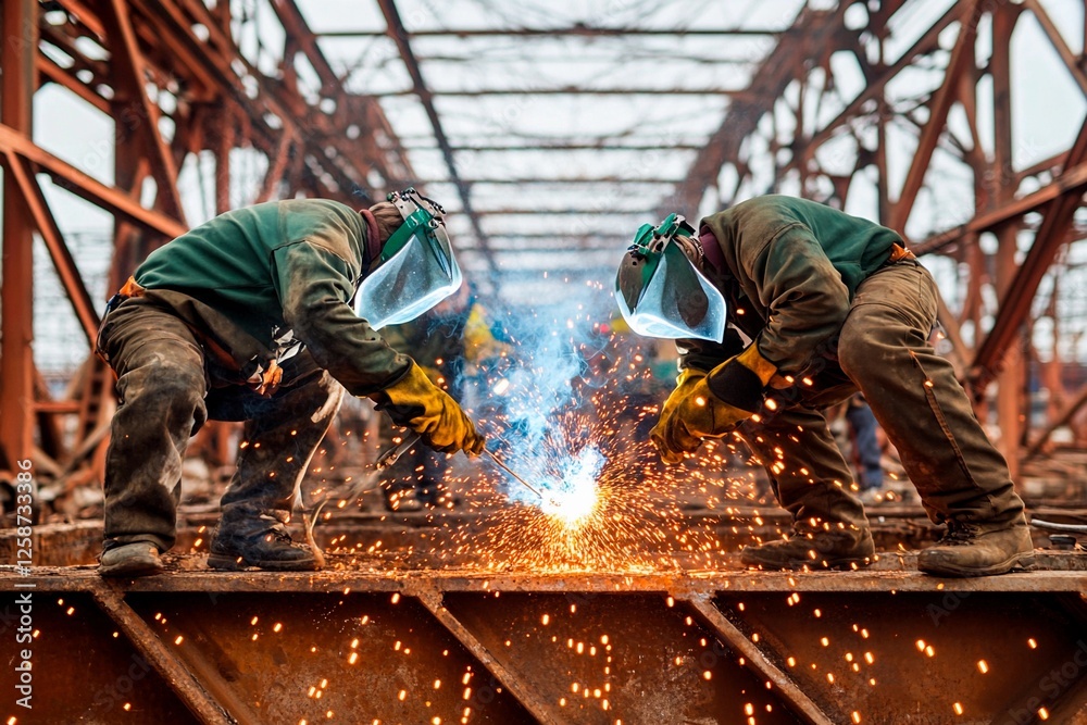 Welding sparks illuminate the construction site in a bustling industrial environment Welding sparks illuminate the construction site in a bustling industrial environment