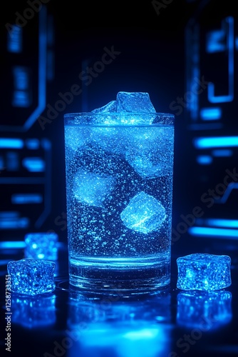 Agua ionizada con hielo azul brillante en un ambiente futurista photo