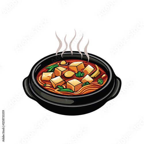 Create a vibrant vector illustration of a bubbling Sundubu Jjigae pot, steaming hot, showcasing its rich, spicy contents.  Include realistic details.