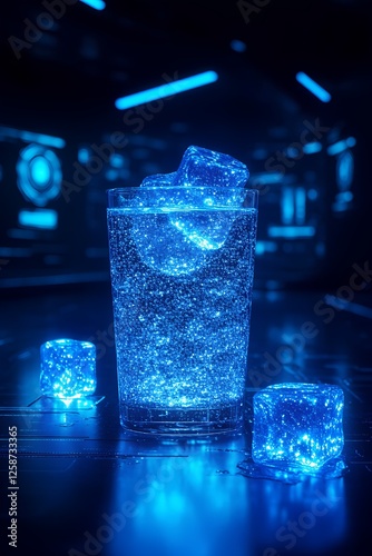 Agua ionizada con hielo azul brillante en un ambiente futurista photo