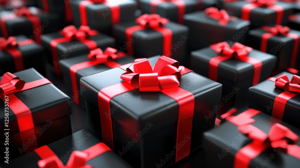 A Festive Display of Elegant Black Gift Boxes Tied with Red Ribbons Perfect for Celebrations, Holidays, Birthdays, and Special Occasions in a Stylish Setting A Festive Display of Elegant Black Gift Boxes Tied with Red Ribbons Perfect for Celebrations, Holidays, Birthdays, and Special Occasions in a Stylish Setting