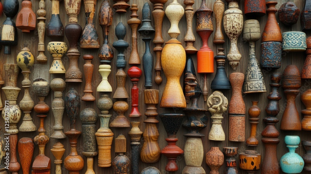 Fototapeta premium Vintage Wooden Chess Pieces: A Collection of Carved Wood Artistry