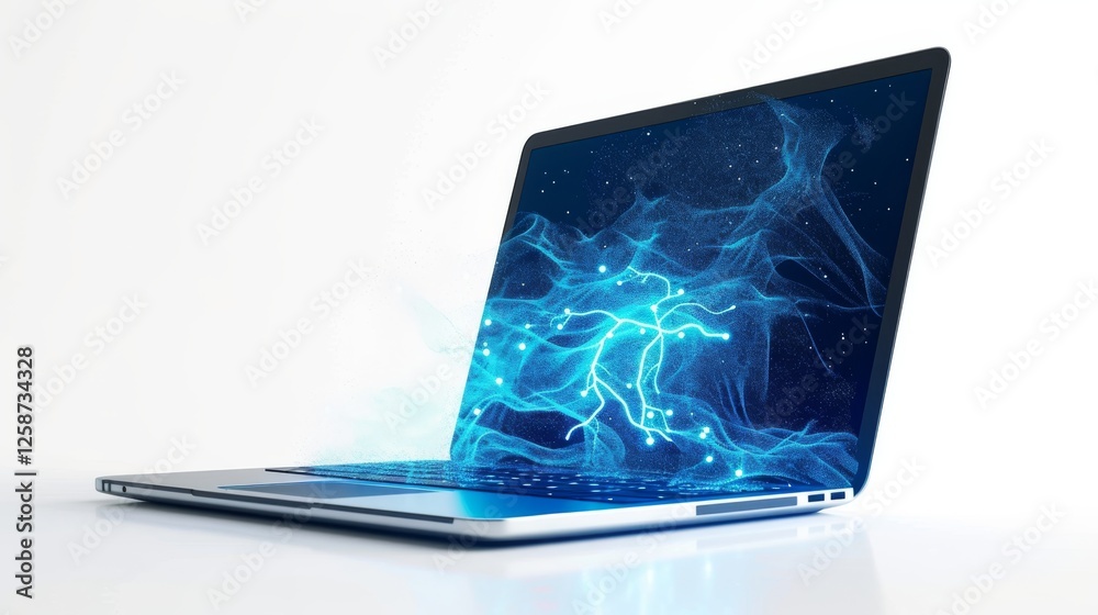 custom made wallpaper toronto digitalA sleek laptop with a futuristic glow, showcasing vibrant blue digital energy flowing out of the screen, evoking concepts of technology and innovation. AI generated.