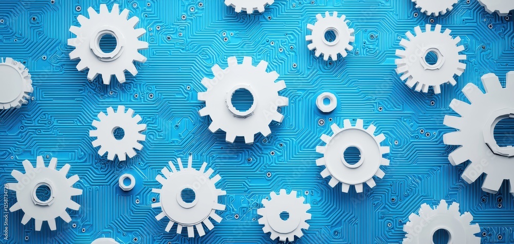 A futuristic concept of white mechanical gears seamlessly integrated with circuit board lines on a blue background, symbolizing automation and technology A futuristic concept of white mechanical gears seamlessly integrated with circuit board lines on a blue background, symbolizing automation and technology
