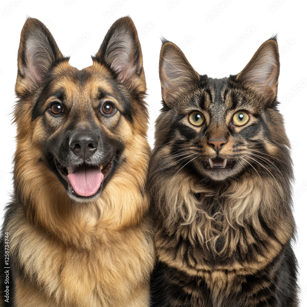 Dog and cat smiling together, white isolated background Dog and cat smiling together, white isolated background