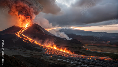 Volcano erupts at golden hour creating fiery spectacle. Ash plume billows above flowing lava streams near farmland. Concept: geology research, disaster monitoring, science education photo