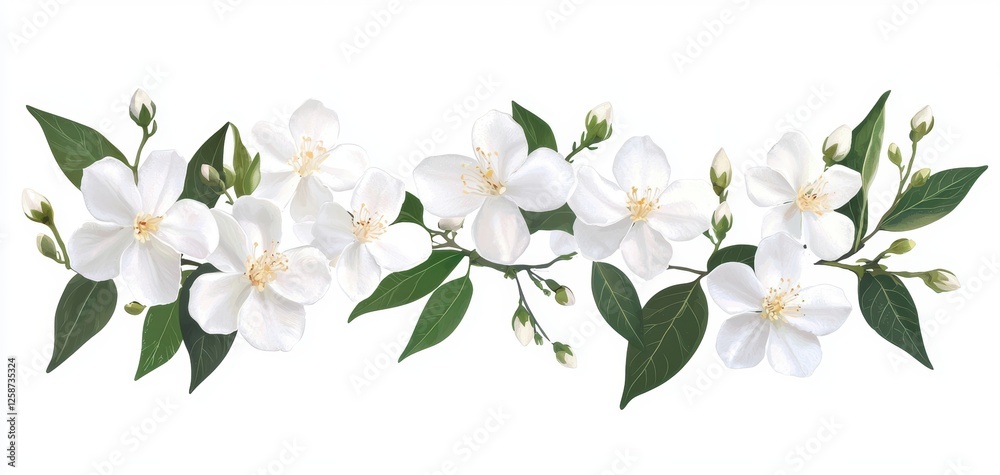 Obraz premium A minimalistic floral arrangement featuring white jasmine flowers in full bloom, with buds and leaves adding a natural and fresh aesthetic