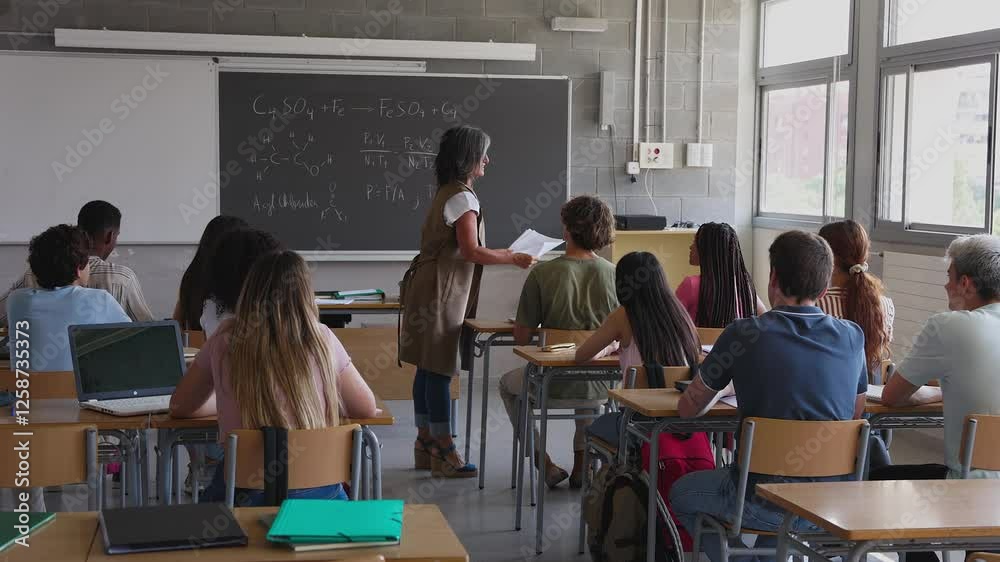 Experienced chemistry teacher handing out tests to her attentive high school students. Education lifestyle concept. Experienced chemistry teacher handing out tests to her attentive high school students. Education lifestyle concept.