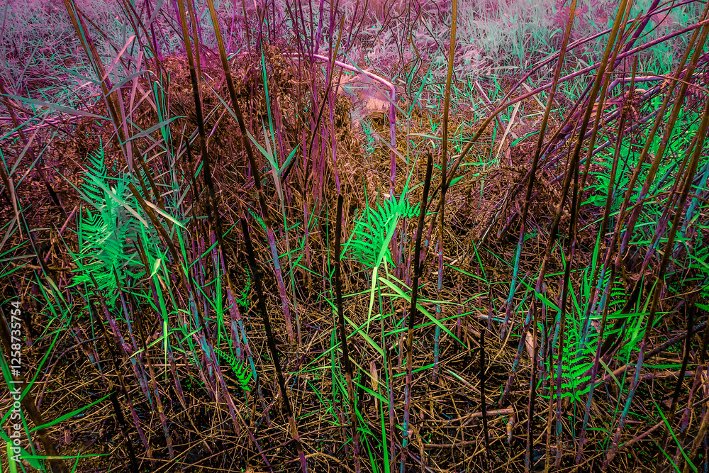 Fototapeta premium Infrared photography, a close-up shot of the forest floor, with a focus on the intricate network of thin, brown branches and stems, interspersed with vibrant green ferns