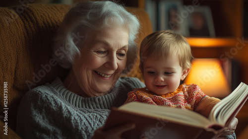 Elderly woman joyfully reading with grandchild in a cozy living room atmosphere during a heartwarming moment